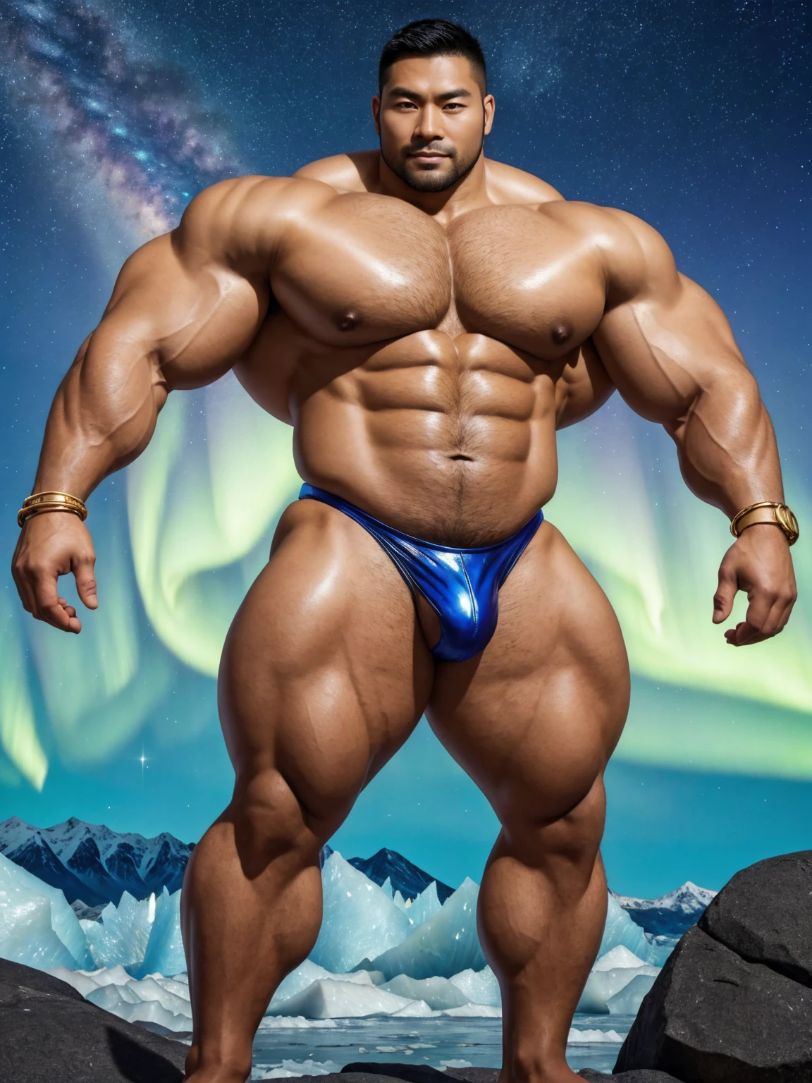 There is only one handsome Chinese man in the photo,35 years old,tall, Fitness,Smooth body,Smooth skin,No chest hair,short hair, O-Shaped Beard,Perfect body, Dark skin color,Radiant Skin,Smooth skin,Shiny, shiny skin,Smooth pectoral muscles,Muscle bulge, muscular, Very large pectoral muscles,Very sexy abdominal muscles,Very well-developed leg muscles,Huge concave and convex area,Brightens oily skin,Wearing a shiny gold leather thong,Handsome face,Normal human toes,Correct and accurate male body proportions,Gold Collar,Gold bracelet,Gold anklets,Stand on a glacier,Night sky,A sky full of stars,There are auroras,Colorful,Charming dream scene,Epic。
