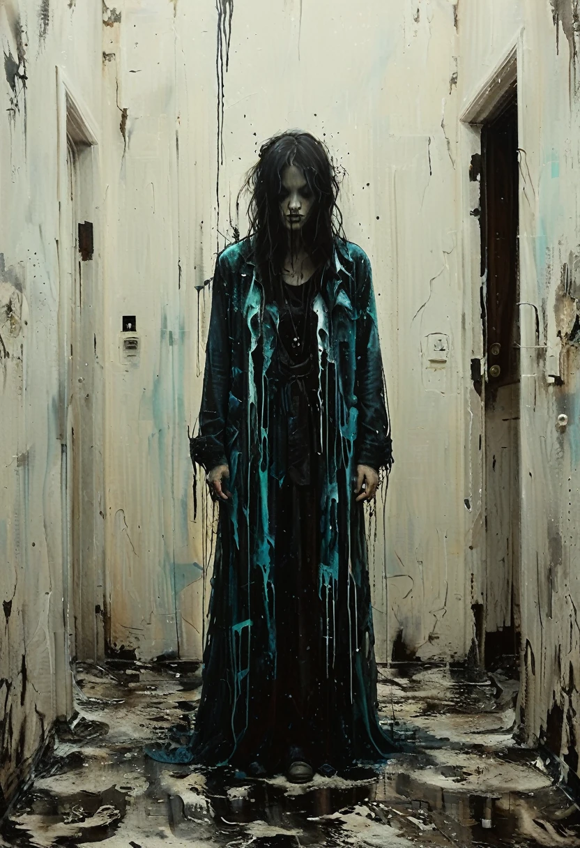 Ghostly figure drifting through abandoned halls, LED Lighting, Gorgeous splash of vibrant paint