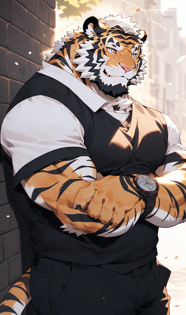 hairy，（tiger，Black short sleeve：1.3，Against the wall：1.3）beard，Golden fur，（smokes：1.3），Smirking with a cigarette in his mouth，male，Common，full-body shot，Real background，极其lifelike阴影，masterpiece，Very detailed，lifelike。