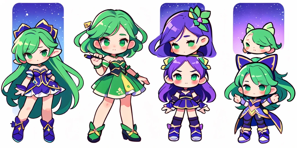 a close up of a cartoon character with different poses, spritesheet, sprite sheet, with familiar sprites, sprites, fairy girl, morgana, default pose neutral expression, twirling, sprite 2 d, shady, green fairy, smol, multiple poses, cute chibi, kawaii, happy, sad, blushing,