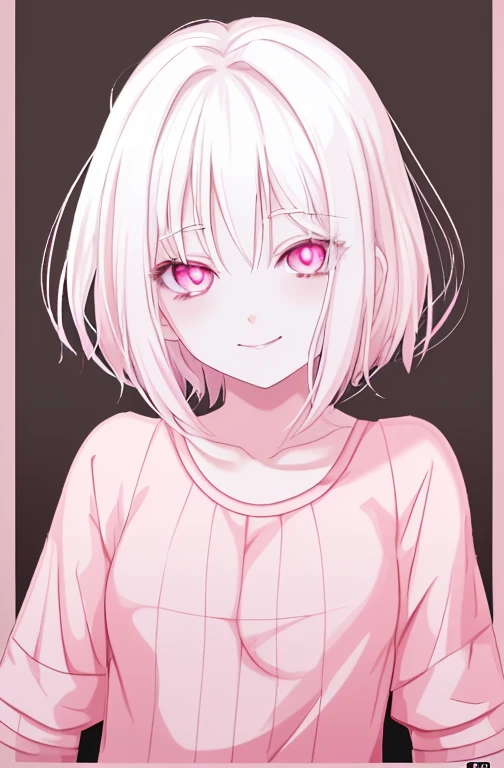 white skin, white medium hair, pink shirt, smile, deep orange eyes, 20 years girl