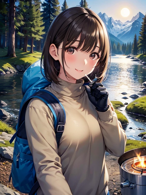anegasaki nene、Shiny brown hair, short hair, (Beautiful brown eyes、Sparkling eyes, Fine grain)、smile、Ultra-detailed eyes、Very detailed顔, Very detailed目,

1 female((Upper body selfie, Happy)), masterpiece, Highest quality, Very detailed, alone, Outdoor, (night), Mountain々, nature, (performer, moon) Hilarious, Happy, Backpack, sleeping bag, Camping stove, Water bottle, Mountain boots, gloves, sweater, have, flashlight, forest, rock, river, wood, cigarette, Shadow, Contrast, sunny, Analog Style (Displaying the viewer:1.2) (Skin Texture) (Film Grain:1.3), (Warm colors, Warm tones)