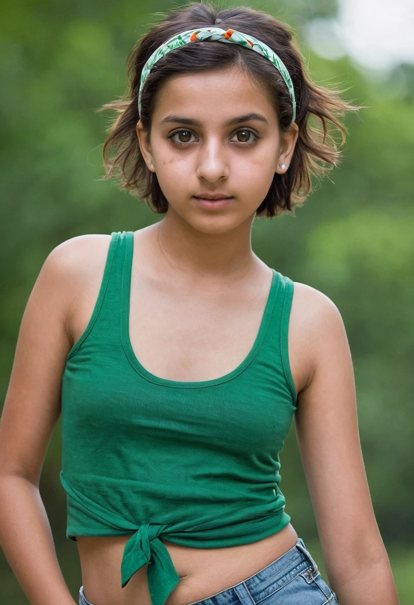 A 15-year-old indian girl with white fair skin visible from the hips up. She is wearing a casual green tank top and snug jean shorts. Her short brown hair is tied back with a hairband or ribbon, and she has large, expressive eyes (brown or black). Close up
