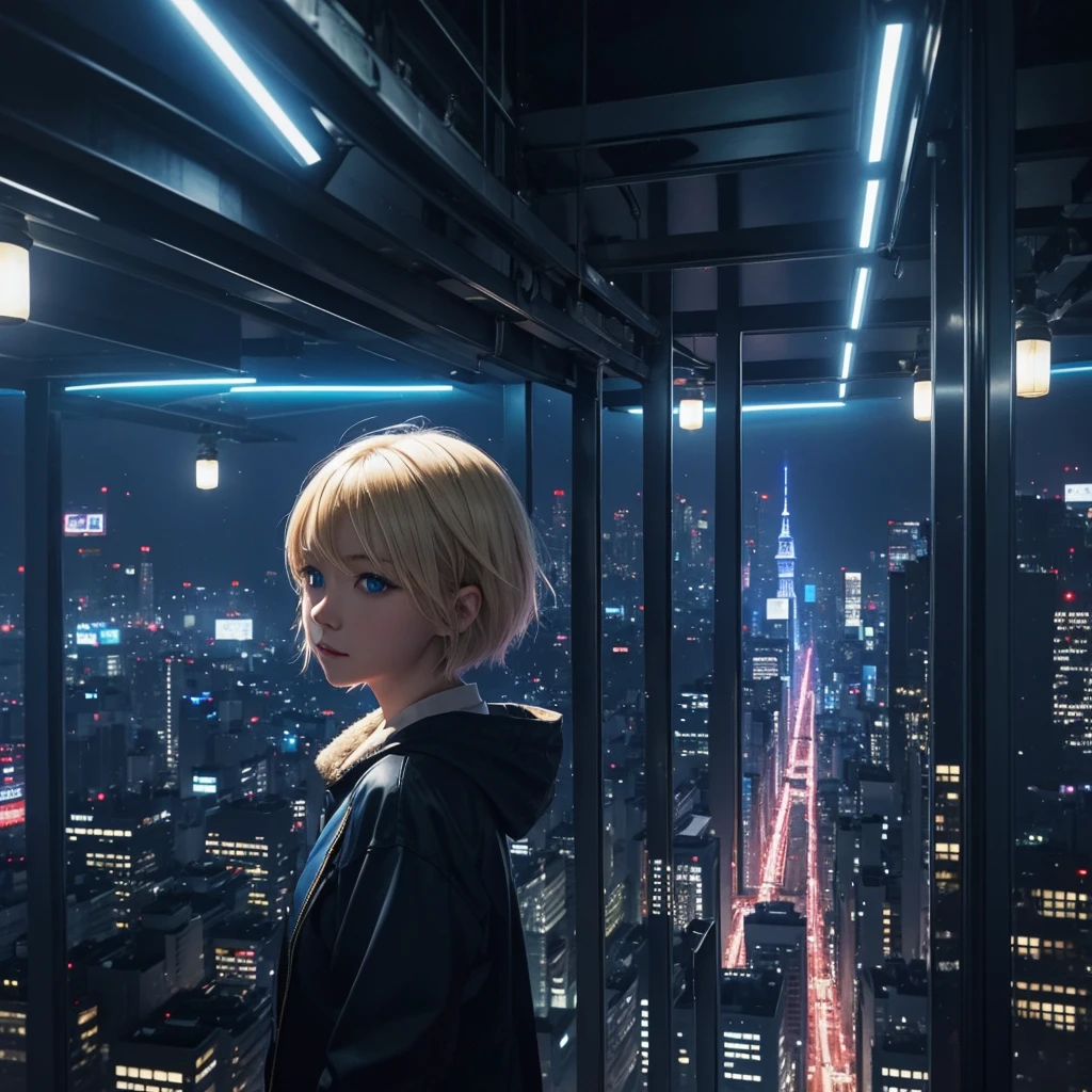 title: "The magical blue light of Shinjuku"
explanation:
This work、This is an image of a blonde girl with short hair in a dark room.。Her eyes shine blue、Dressed like a rapper。I'm in my 20's。There are headphones on my head、She seems to be lost in her own world。
This work4Kの高画質で描かれており、The room is lit with blue light、It creates a fantastic atmosphere。The room is a small space like a 1K.、You can see Shinjuku's downtown area from the window.。The city is bright at night、The lights of the buildings and the shining signs are a beautiful sight.。
This work、It represents a moment away from the hustle and bustle of the city to focus on yourself and your music.、It depicts a girl with blue eyes and blonde hair having a nice time while looking at the night view of Shinjuku.。