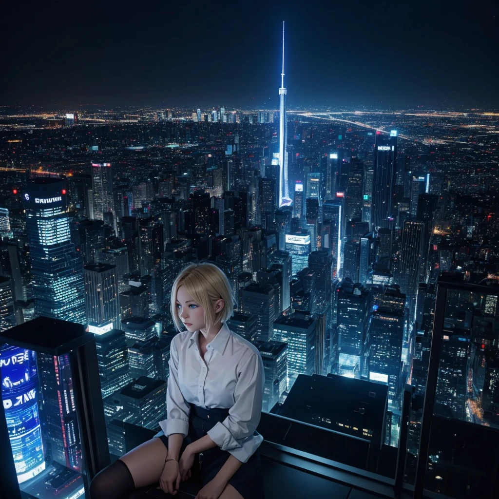 title: "The magical blue light of Shinjuku"

explanation:
This work、This is an image of a blonde girl with short hair in a dark room.。Her eyes shine blue、Dressed like a rapper。I&#39;m in my 20&#39;s。There are headphones on my head、She seems to be lost in her own world。

This work4Kの高画質で描かれており、The room is lit with blue light、It creates a fantastic atmosphere。The room is a small space like a 1K.、You can see Shinjuku&#39;s downtown area from the window.。The city is bright at night、The lights of the buildings and the shining signs are a beautiful sight.。

This work、It represents a moment away from the hustle and bustle of the city to focus on yourself and your music.、It depicts a girl with blue eyes and blonde hair having a nice time while looking at the night view of Shinjuku.。