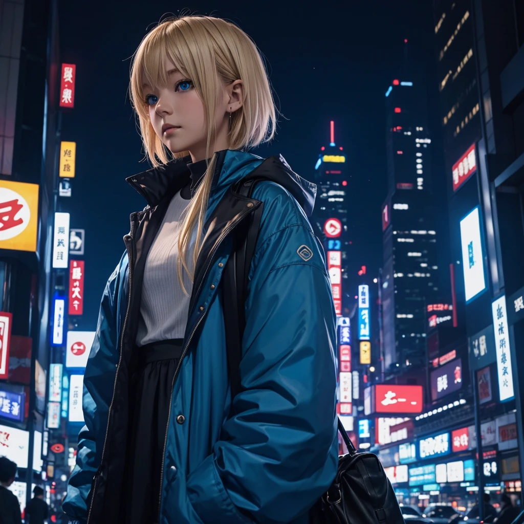 title: "The magical blue light of Shinjuku"

explanation:
This work、This is an image of a blonde girl with short hair in a dark room.。Her eyes shine blue、Dressed like a rapper。I&#39;m in my 20&#39;s。There are headphones on my head、She seems to be lost in her own world。

This work4Kの高画質で描かれており、The room is lit with blue light、It creates a fantastic atmosphere。The room is a small space like a 1K.、You can see Shinjuku&#39;s downtown area from the window.。The city is bright at night、The lights of the buildings and the shining signs are a beautiful sight.。

This work、It represents a moment away from the hustle and bustle of the city to focus on yourself and your music.、It depicts a girl with blue eyes and blonde hair having a nice time while looking at the night view of Shinjuku.。