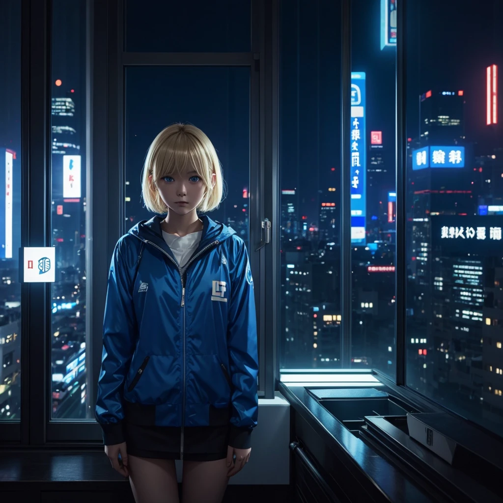 title: "The magical blue light of Shinjuku"

explanation:
This work、This is an image of a blonde girl with short hair in a dark room.。Her eyes shine blue、Dressed like a rapper。I&#39;m in my 20&#39;s。There are headphones on my head、She seems to be lost in her own world。

This work4Kの高画質で描かれており、The room is lit with blue light、It creates a fantastic atmosphere。The room is a small space like a 1K.、You can see Shinjuku&#39;s downtown area from the window.。The city is bright at night、The lights of the buildings and the shining signs are a beautiful sight.。

This work、It represents a moment away from the hustle and bustle of the city to focus on yourself and your music.、It depicts a girl with blue eyes and blonde hair having a nice time while looking at the night view of Shinjuku.。