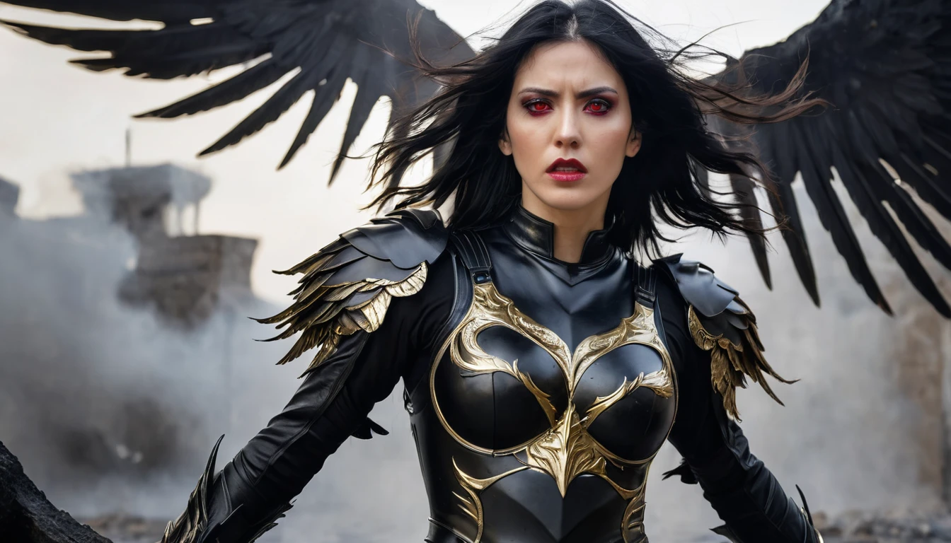 Woman, caucasiana, red eyes, expressive face, overhanging, loose black hair, bust image, black armor with gold detail, flying over, fallen angel with black wings, purgatory background.