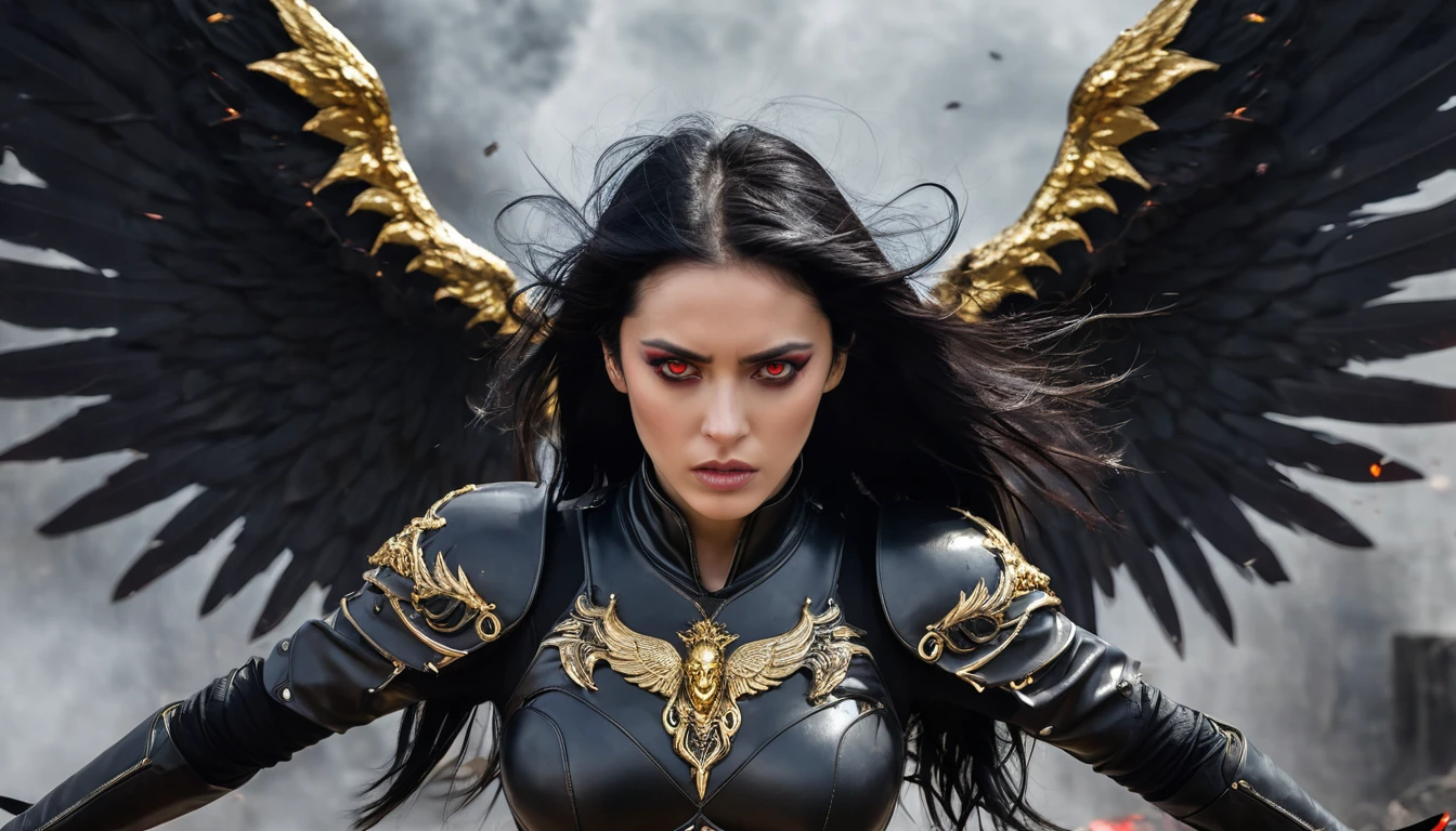 Woman, caucasiana, red eyes, expressive face, overhanging, loose black hair, bust image, black armor with gold detail, flying over, fallen angel with black wings, purgatory background.
