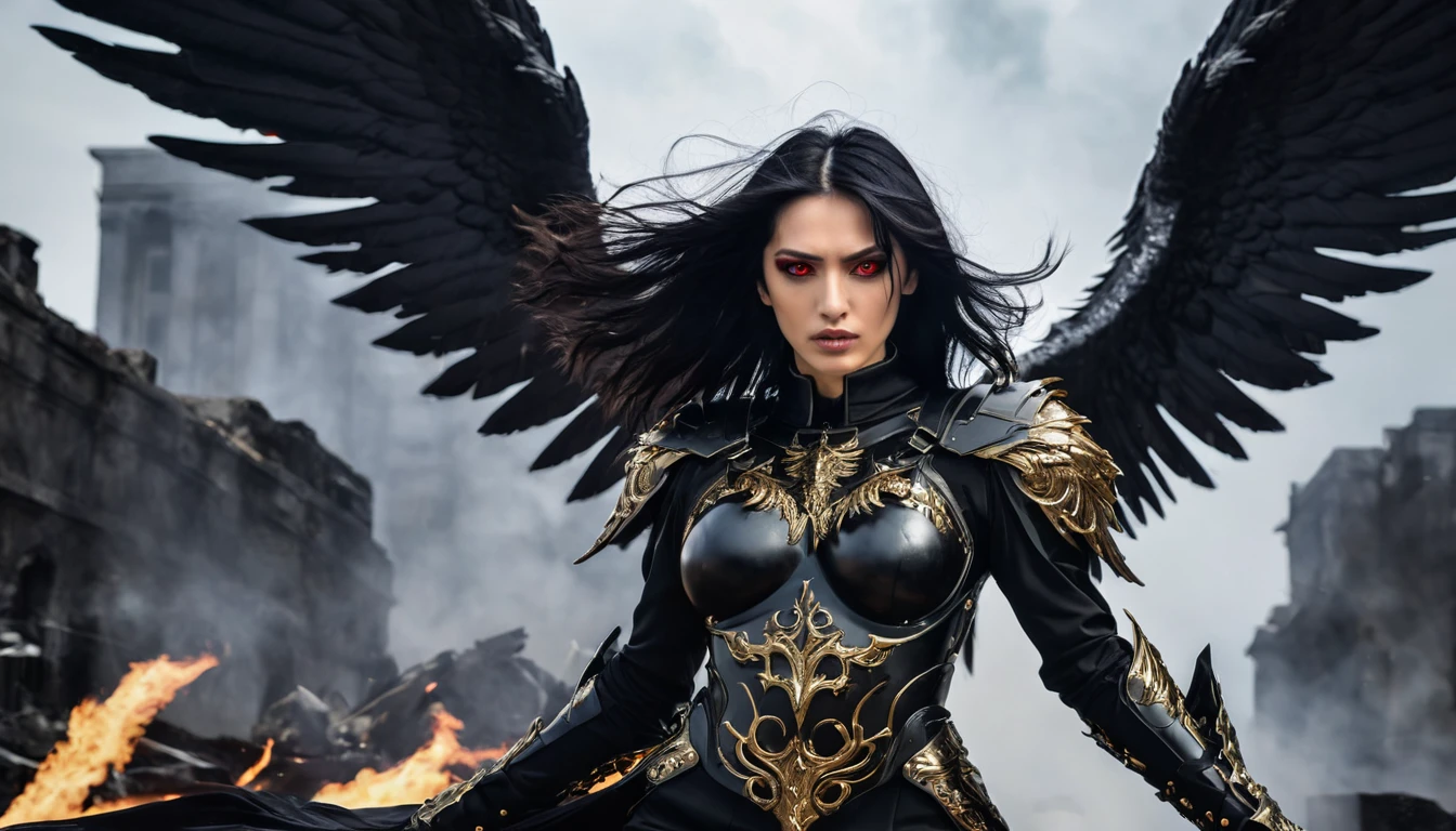 Woman, caucasiana, red eyes, expressive face, overhanging, loose black hair, bust image, black armor with gold detail, flying over, fallen angel with black wings, purgatory background.