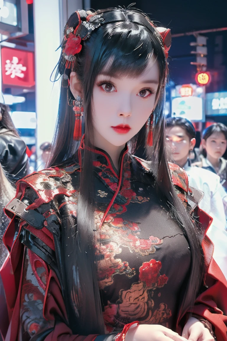 Super Resolution, (Realism: 1.3), 1 (Slim: 1.2), 1 Girl, Chinese_clothes, cyber-clothes, cyberpunk city, headwear, hair accessories, super detailed, beautiful studio soft light, dramatic lighting, vibrant details, luxurious cyberpunk, complex background, octane rendering, 8k, best quality, masterpiece, illustration, extremely refined and beautiful, very detailed, CG, wallpaper, (realistic, Photo Realism: 1.37), Amazing, Fine Detail, Masterpiece, Best Quality, Official Art, (Night: 1.5), Dark Theme, Dynamic Angles, Dynamic Pose, Cowboy Shot, 1 Girl, Solo, Detailed Face, Detailed Eyes, Looking at the Audience, Rouge\(Makeup\), Full Lips, Red Lips, Red Eyes, (Long Hair: 1.3), Upper Body, (Standing), (Cyberhanfu:1.2), Cheongsam, Futobot, Robot, Chinatown, Street, Empty, Cyberpunk, Paper lanterns, neon lights