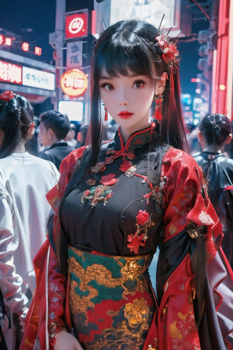 Super Resolution, (Realism: 1.3), 1 (Slim: 1.2), 1 Girl, Chinese_clothes, cyber-clothes, cyberpunk city, headwear, hair accessories, super detailed, beautiful studio soft light, dramatic lighting, vibrant details, luxurious cyberpunk, complex background, octane rendering, 8k, best quality, masterpiece, illustration, extremely refined and beautiful, very detailed, CG, wallpaper, (realistic, Photo Realism: 1.37), Amazing, Fine Detail, Masterpiece, Best Quality, Official Art, (Night: 1.5), Dark Theme, Dynamic Angles, Dynamic Pose, Cowboy Shot, 1 Girl, Solo, Detailed Face, Detailed Eyes, Looking at the Audience, Rouge\(Makeup\), Full Lips, Red Lips, Red Eyes, (Long Hair: 1.3), Upper Body, (Standing), (Cyberhanfu:1.2), Cheongsam, Futobot, Robot, Chinatown, Street, Empty, Cyberpunk, Paper lanterns, neon lights