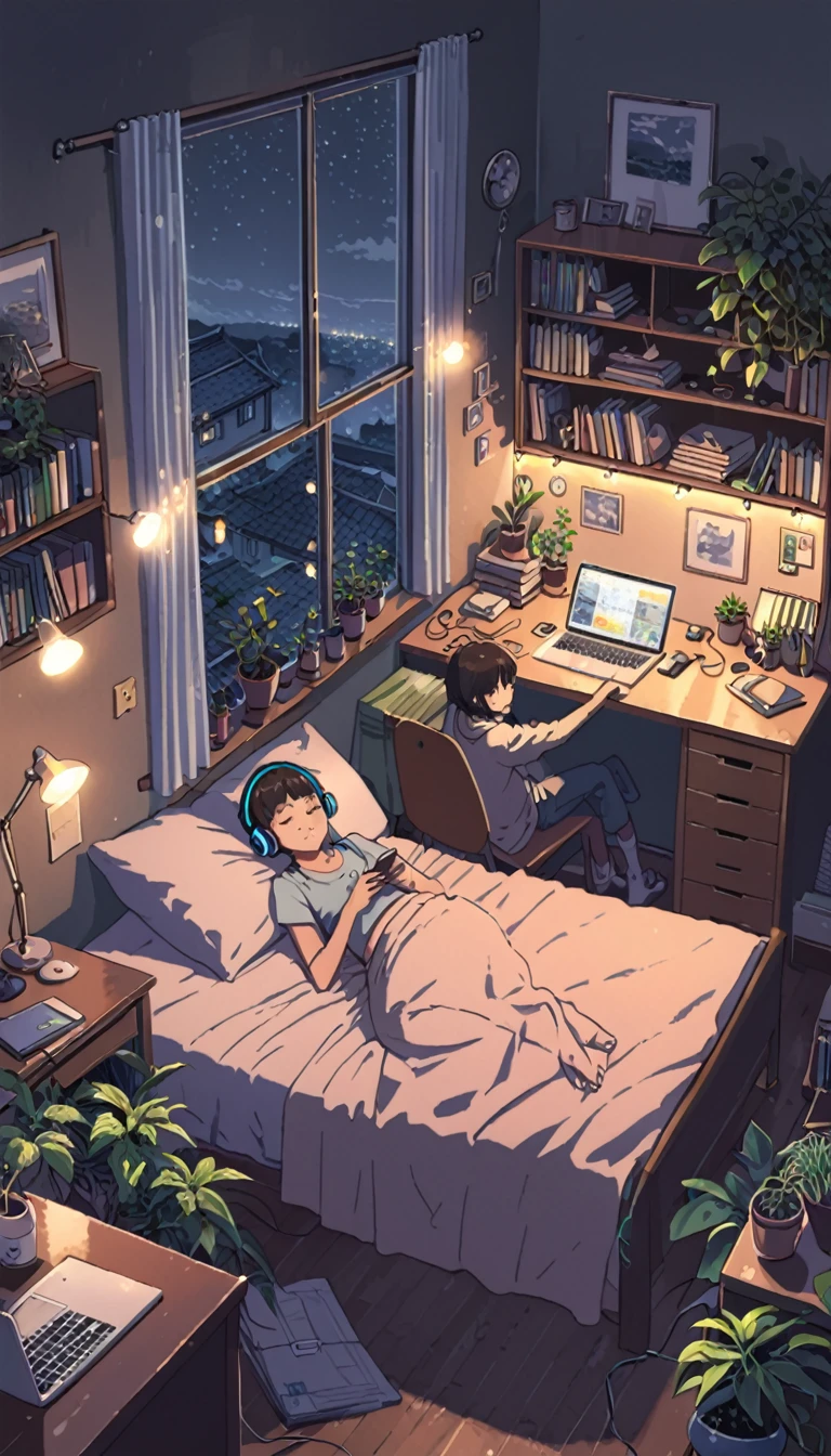 ((anime:1.4,illustration)),(masterpiece, top quality, best quality),(ultra-detailed, absolutely resolution),((16k, high res)). BREAK {lofi art, style of Laurie Greasley, style of Makoto Shinkai, anime aesthetic} BREAK {illustration of A girl is lying on a bed in a room, she is listening to music on headphones and touching a cell phone, outside the window is dark with lights of the town, there are plants and a bookshelf in the room, a laptop on a desk, miscellaneous room.}