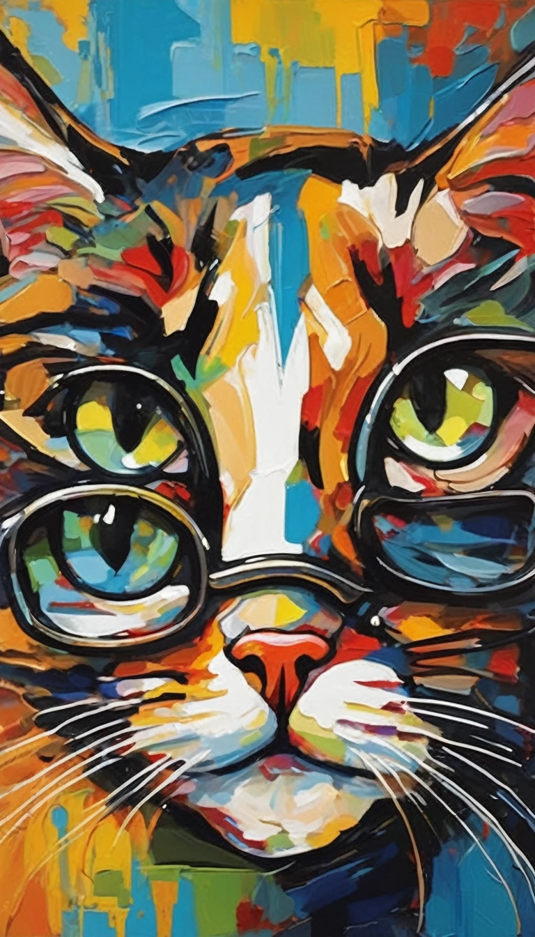 Cute Cat Face Painting,robot,Wear glasses,Rich oil art,On a colorful background, Abstracted , Abstract Portrait, Stylized face, Pop Art Painting, Dripping Paint,Expressive detail face, Expressive cat, Inspired by Picasso, Pop Art Painting, Beautiful and expressive paintings, Picasso-style, Cubist style