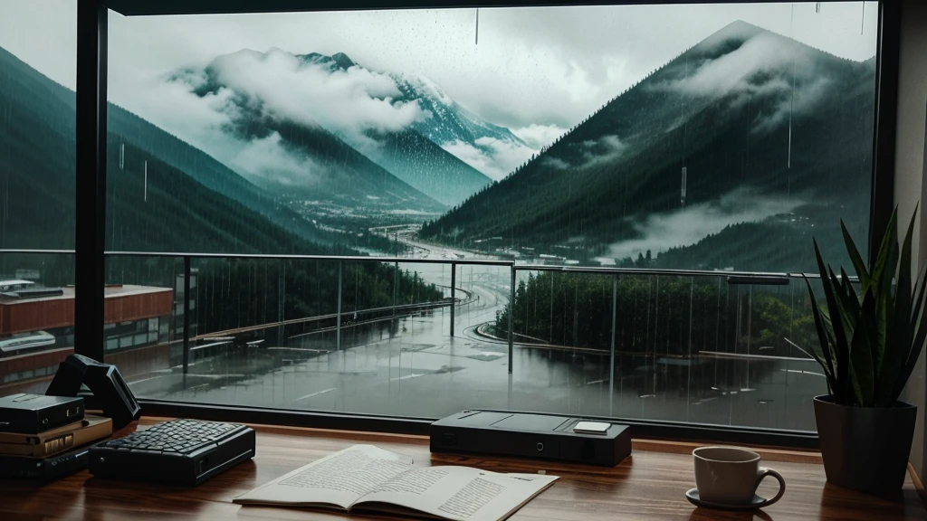 there is a computer on a desk with a mountain view, rainy day outside, rain aesthetic, rainy afternoon, raining outside, lofi art, rainy scene, rainy day. game render, gloomy weather. hyperrealistic, lofi artstyle, rainy day, artistic. alena aenami, cartoon moody scene, rain falling, rainy environment