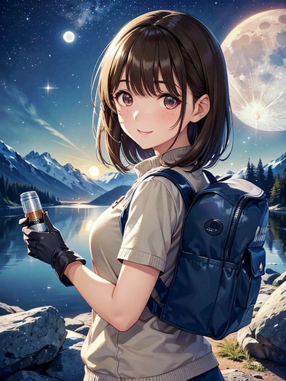anegasaki nene、Shiny brown hair, short hair, (Beautiful brown eyes、Sparkling eyes, Fine grain)、smile、Ultra-detailed eyes、Very detailed顔, Very detailed目,

1 female((Upper body selfie, Happy)), masterpiece, Highest quality, Very detailed, alone, Outdoor, (night), Mountain々, nature, (performer, moon) Hilarious, Happy, Backpack, sleeping bag, Camping stove, Water bottle, Mountain boots, gloves, sweater, have, flashlight, forest, rock, river, wood, cigarette, Shadow, Contrast, sunny, Analog Style (Displaying the viewer:1.2) (Skin Texture) (Film Grain:1.3), (Warm colors, Warm tones)
