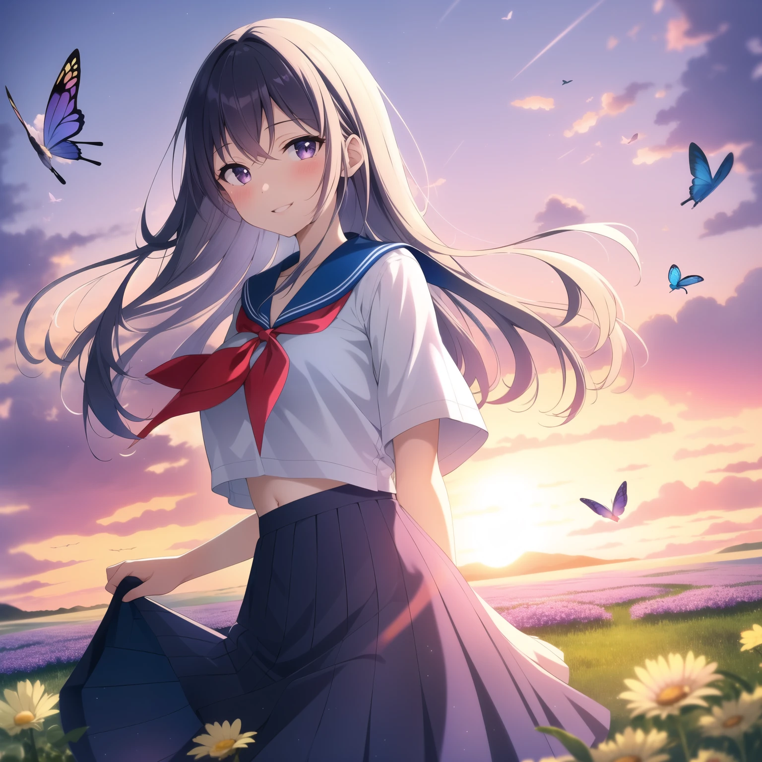 high quality, best quality, masterpiece, absurdres, 1girl, parted lips, smile, detailed eyes:1.1, meadow, flying flowers, sunset, smile, white serafuku, blue sailor collar, red neckerchief, long white shirt, flowing pleated skirt, lifting skirt with hands, looking_at_viewer, blush, facing shot, ultrahires, sunrise backlighting, cloudy, purple and blue gradient sky, cross leg, birds, butterflies