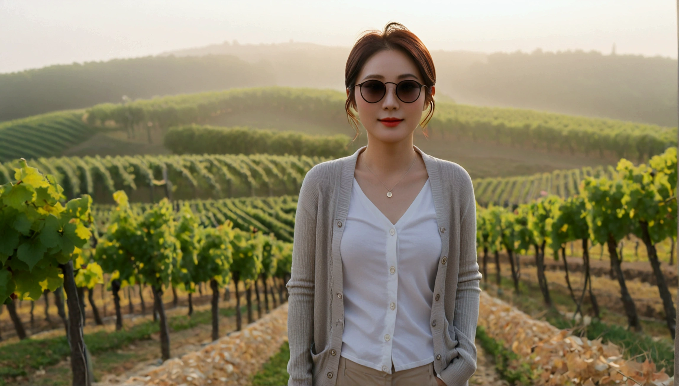 Post Creativity Upscale Transformation Upscale Download Generation Data Prompt Txt2Img 8k Realistic, lifelike photo,, 36 year old Korean woman, Short in stature, pretty like a model. front view, White shirt and short cardigan, casual pants, short medium hair, Smiley, Italy. vineyard, thick dawn fog. vineyard 지나 짙은 안개 속으로 저 멀리 성당이 보인다. Full body shot from afar with a wide angle lens , 1 woman, Short in stature, looking at the camera, Excellent picture quality, The morning fog is thick, The picture quality is alive. Full body shot with Canon 16-35 wide angle lens, Wearing sunglasses and looking up to the side, The cathedral is visible in the red morning sunlight., standing on a hill path.