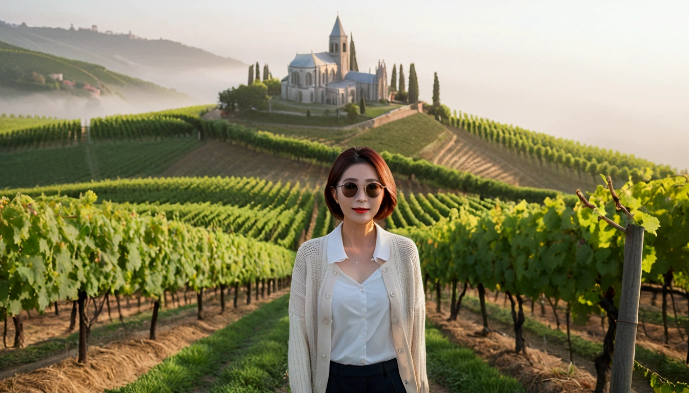 Post Creativity Upscale Transformation Upscale Download Generation Data Prompt Txt2Img 8k Realistic, lifelike photo,, 36 year old Korean woman, Short in stature, pretty like a model. front view, White shirt and short cardigan, casual pants, short medium hair, Smiley, Italy. vineyard, thick dawn fog. vineyard 지나 짙은 안개 속으로 저 멀리 성당이 보인다. Full body shot from afar with a wide angle lens , 1 woman, Short in stature, looking at the camera, Excellent picture quality, The morning fog is thick, The picture quality is alive. Full body shot with Canon 16-35 wide angle lens, Wearing sunglasses and looking up to the side, The cathedral is visible in the red morning sunlight., standing on a hill path.