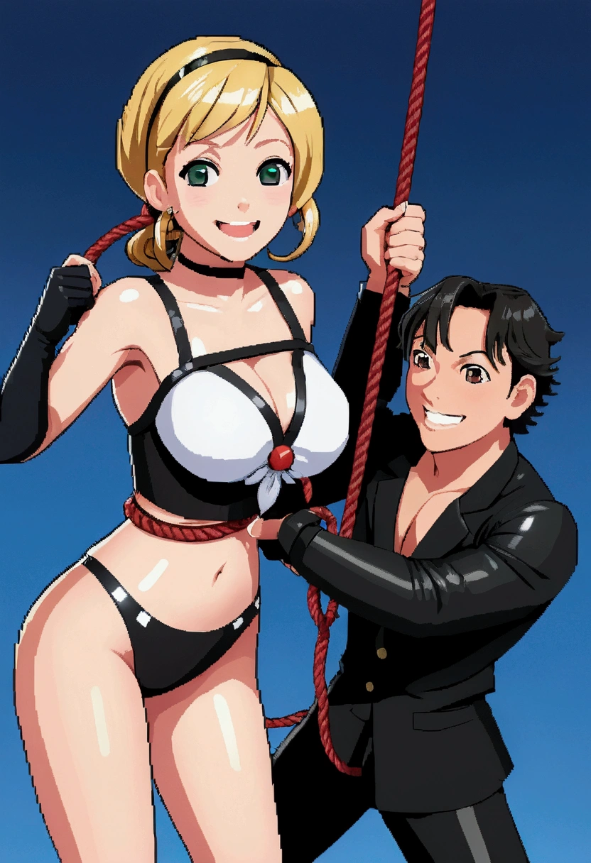 (((Pixel Perfect,Perfect in every detail))), Girl slaps guy，A girl ,smile,,NSWF,lovely,Mari Ohara，Leather whip，whip，Swinging a long, thick rope