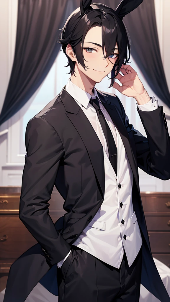 Black rabbit ears,Butler,male,Peeking into this,A white cloth is draped over his left arm.,Are standing,Butlerの格好をしたmale,High resolution, Ultra high definition, High-resolution model, Black Hair, Animal ears, Hairy ears,Bedroom smile, Black clothes,male性