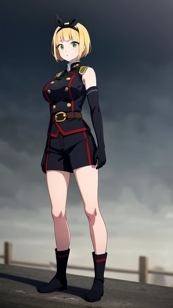 masterpiece, best quality, outdoors, Hands down, black sky background, uniform,  gloves, elbow gloves, belt, black gloves, shorts,  black shorts, Shushu Suruga, 1girl,  yellow hair, green eyes, looking at viewer, short hair, large breasts, hairband, bangs, hands down, idle, full body