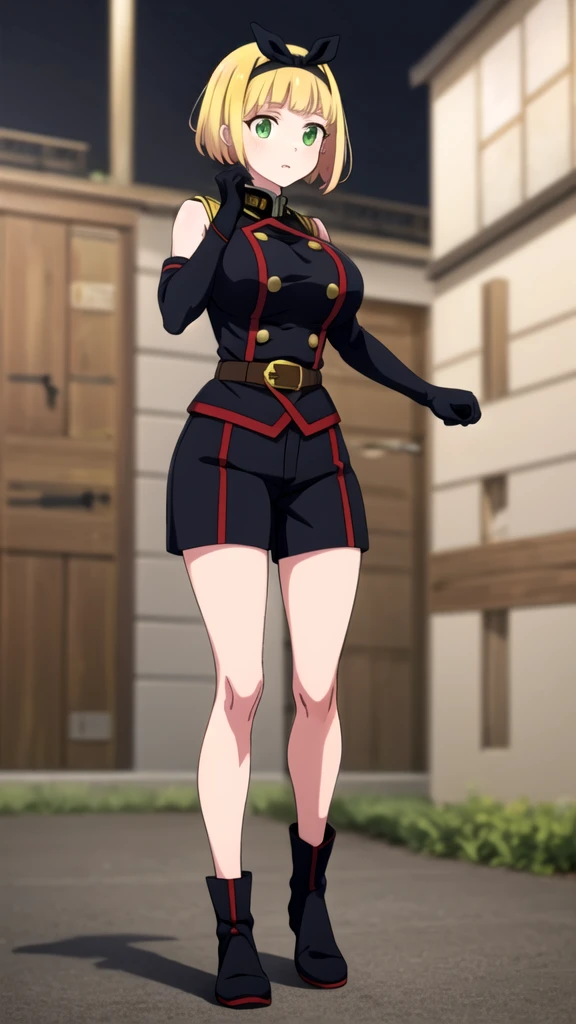 masterpiece, best quality, outdoors, Hands down, black sky background, uniform,  gloves, elbow gloves, belt, black gloves, shorts,  black shorts, Shushu Suruga, 1girl,  yellow hair, green eyes, looking at viewer, short hair, large breasts, hairband, bangs, hands down, idle, full body