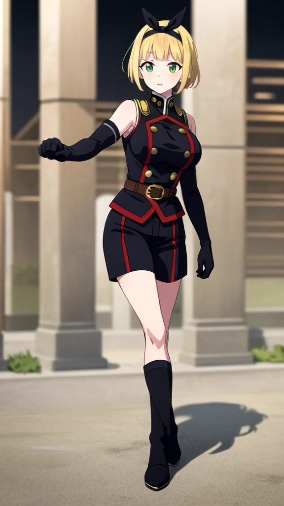 masterpiece, best quality, outdoors, Hands down, black sky background, uniform,  gloves, elbow gloves, belt, black gloves, shorts,  black shorts, Shushu Suruga, 1girl,  yellow hair, green eyes, looking at viewer, short hair, large breasts, hairband, bangs, hands down, idle, full body