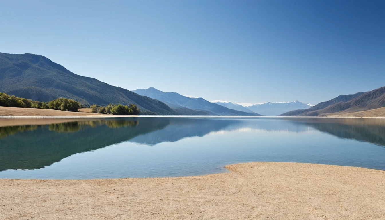 Create a serene landscape with minimalist design elements, featuring a tranquil lake surrounded by mountains under a clear blue sky.