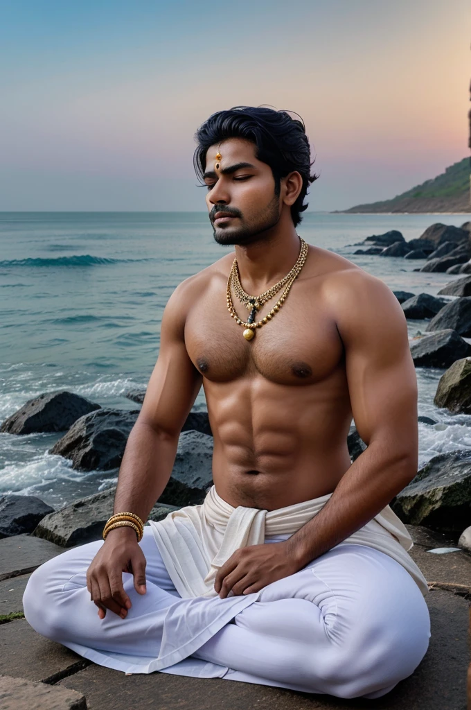 Shri. Ram is a Indian mythology character who is a beautiful young man with clean shaved he is sitting in front of the sea in prayer position with folded hands and eye closed