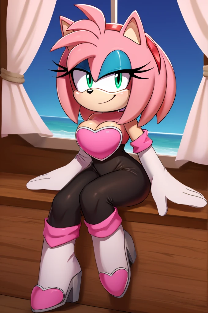 score_9, score_8_up, 2D, flat color, looking at viewer, (1girl), (solo), very detailed, extremely detailed, Amy Rose from the sonic the hedgehog series, portrait, seductive smile, hair down, hair bangs, medium breast, Rouge cosplay, cosplay, she wears a black skin-tight and strapless low-cut jumpsuit, a pink heart-shaped chest plate outlined with thin white trim, elbow-length white gloves and thigh-high high-heeled boots with pink cuffs to match them, with the latter featuring both gray soles and heels, matching her jumpsuit's chest plate, she is now sitting down in her bedroom, as she holds a yellow flower in her left hand, a window of the sunset at the beach, close up, wingless
