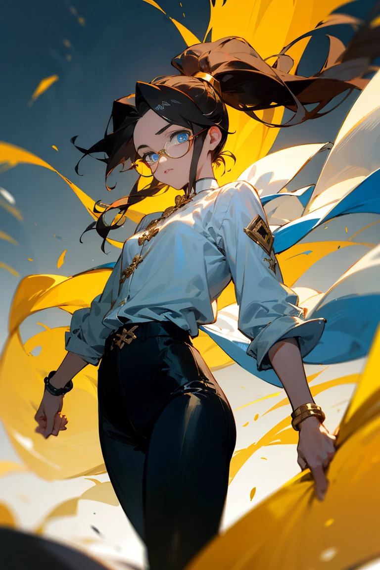 ((melhor qualidade)), ((obra de arte)), (detalhado), Male, dark hair, long hair, ponytail, Blue eyes, glowing eyes, wearing glasses, tight pants, Black pants, white blouse, Golden accesories, Wind, Wind element