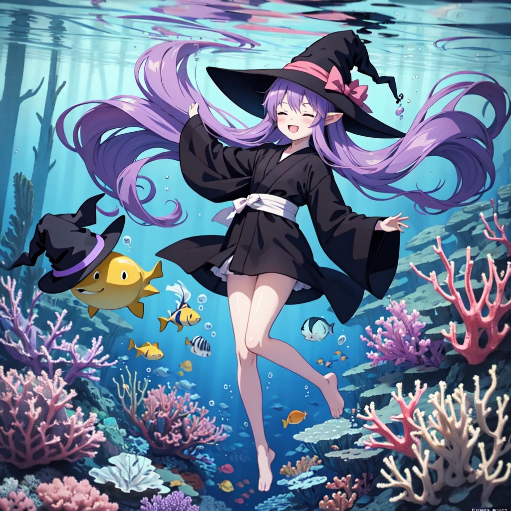 Anime girl. Long purple hair and black robe. Pointy ears. Witch hat. Cute cartoon. Illustration, one. Full body. High school student. Floating in water. Deep underwater. Underwater. Eyes closed.