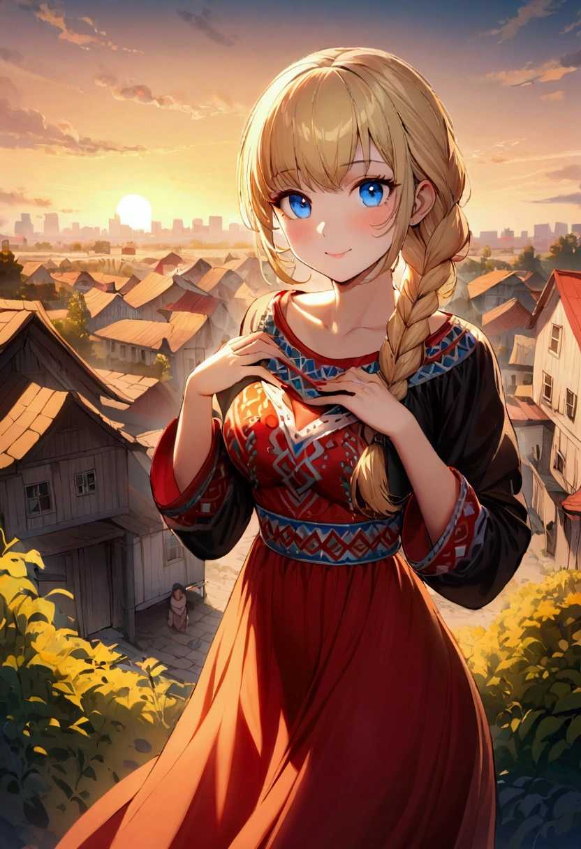 1 girl with long blonde hair, hair braided into a large braid, Blue eyes, delight on the face, medium breasts, Slavic dress, holds his hands to his chest, Slavic village in the background