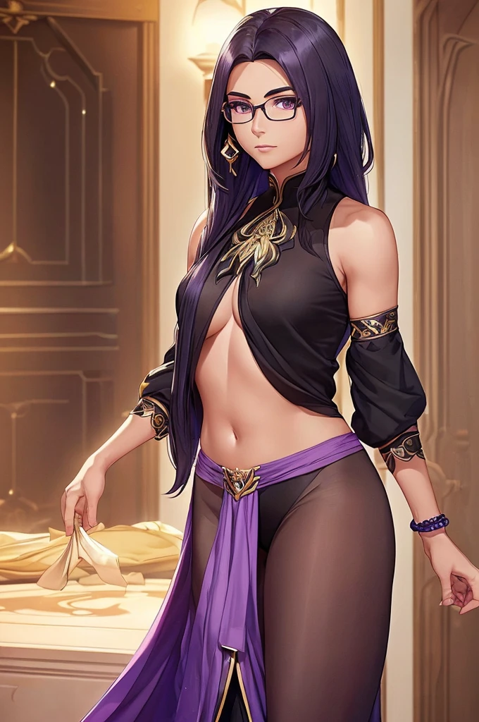 1girl in, Dark skin, Brown eyes, Long hair, Purple hair, side swept bangs, Navel, Red dress, fundoshi, pelvis curtain, toppless, Jewelry, anklets, bangle, Barefoot, 手链, Necklace, hands behind head, Arms up, Indoor, Bedroom, on the beds, Smile, grin、Sideways Pose、Split abs、Navel piercing、((Tattoo of a heart on the lower abdomen))