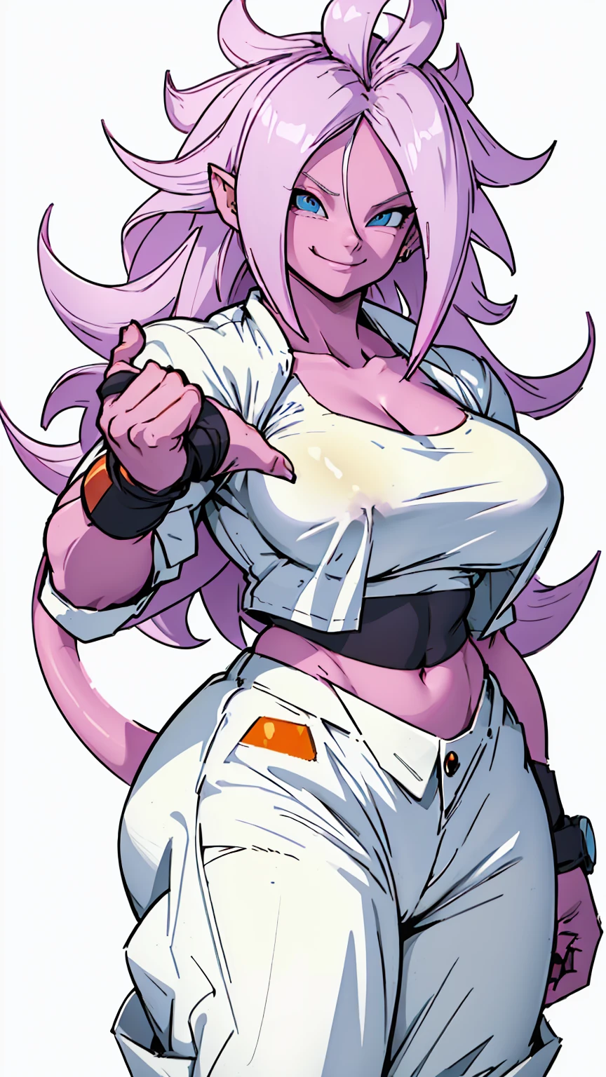 1 girl, big breasts, white long lab coat, cropped top, jeans shorts ((pink skin)) dragon ball ((Android 21)) ((white long hair)) ((evil smile)) ((good body)) ((good hands)) 1k