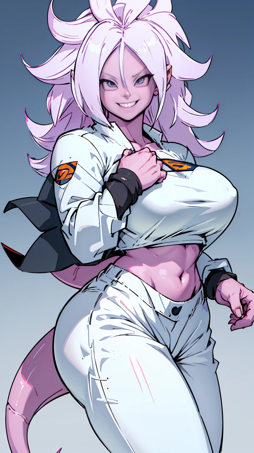 1 girl, big breasts, white long lab coat, cropped top, jeans shorts ((pink skin)) dragon ball ((Android 21)) ((white long hair)) ((evil smile)) ((good body)) ((good hands)) 1k