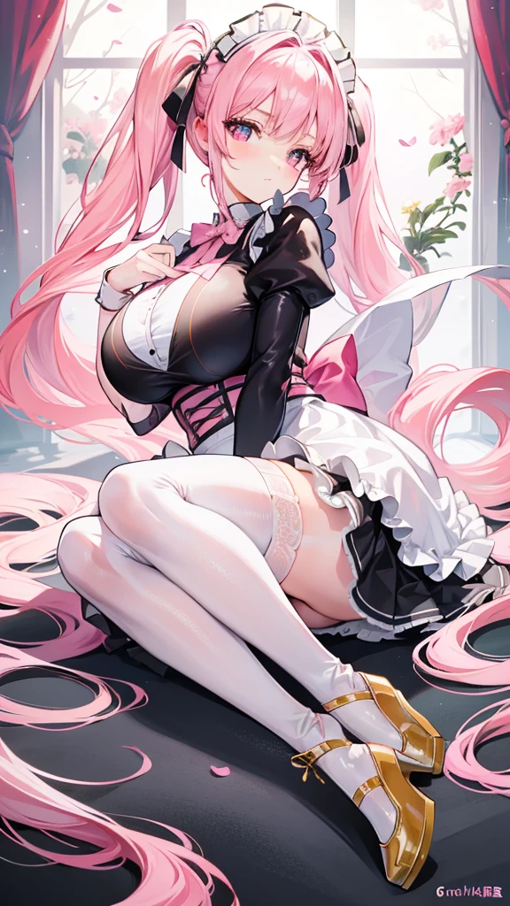 A beautiful girl full of vitality,Pink twin ponytails,Golden pupils,(((super huge breasts))),Maid costume,The skirt is also very short,White garter stockings,Black high heel leather shoes。