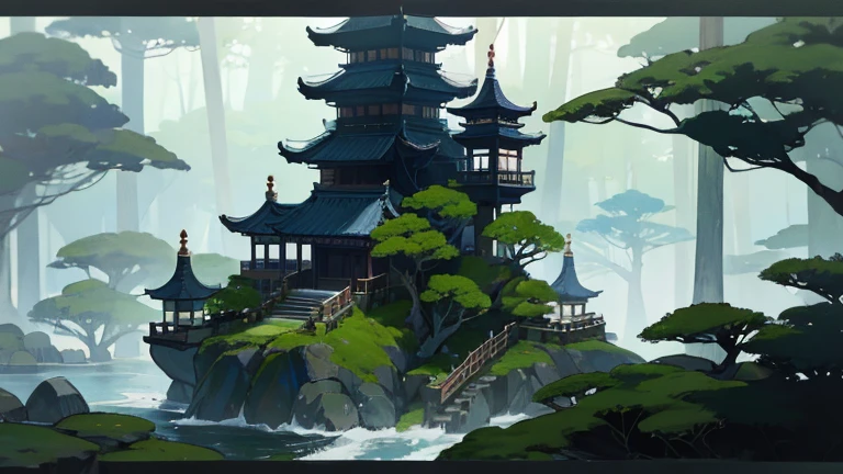 growなMysterious Islandを背景に、そびえ立つAncient templeがfogに包まれているシーン。周囲にはgreen々lush trees々やExotic plantsがあり、Sacred Lightが降り注ぐ。島の周りには透明なgreenい海が広がり、Waves crash quietly。背景にはeveningの空が美しく染まり、There is a mysterious atmosphere in the air。word: Mysterious Island, grow, Holy area, Ancient temple, fog, green々lush trees々, Exotic plants, Sacred Light, 透明なgreenい海, evening, Quiet waves, Beautiful sky