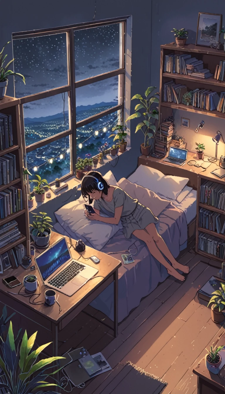 ((anime:1.4,illustration)),(masterpiece, top quality, best quality),(ultra-detailed, absolutely resolution),((16k, high res)). BREAK {lofi art, style of Laurie Greasley, style of Makoto Shinkai, anime aesthetic} BREAK {illustration of A girl is lying on a bed in a room, she is listening to music on headphones and touching a cell phone, outside the window is dark with lights of the town, there are plants and a bookshelf in the room, a laptop on a desk, miscellaneous room.}