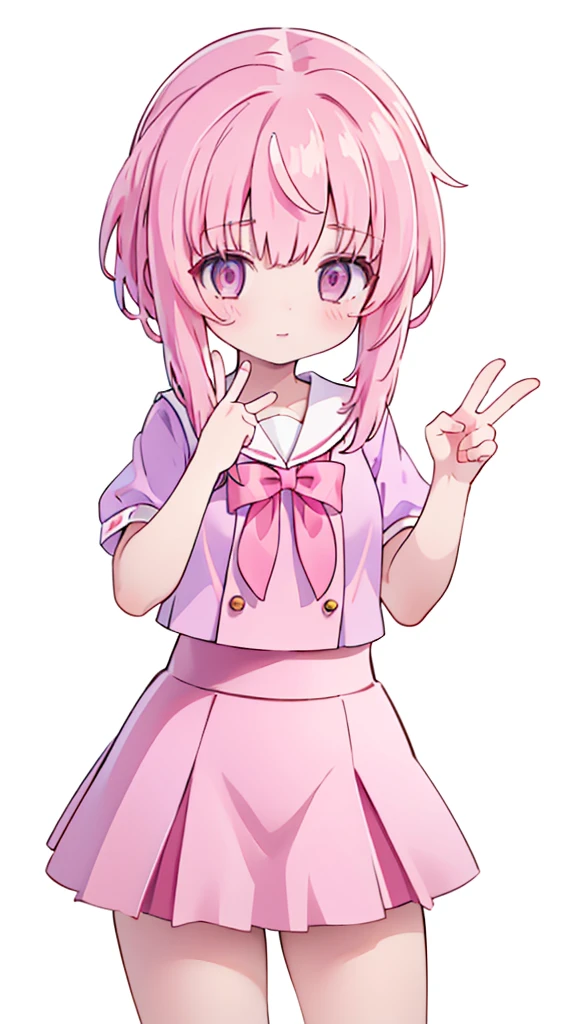 1girl,pink hair, pink eyes with love, detailed eyes, straight hair, straight bangs, shiny hair,
,red bowtie,purple skirt,purple shirt,pleated skirt,short sleeves,looking at viewer, high-definition,masterpiece,best quality, masterpiece, best quality, high resolution, aabeta, double, white simple background, standing, slim waist, cute, sailor uniform, close up selfie while posing peace sign (PastelColors: 1.3)