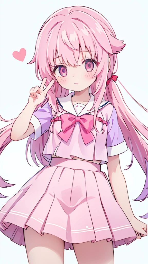 1girl,pink hair, pink eyes with love, detailed eyes, straight hair, straight bangs, shiny hair,
,red bowtie,purple skirt,purple shirt,pleated skirt,short sleeves,looking at viewer, high-definition,masterpiece,best quality, masterpiece, best quality, high resolution, aabeta, double, white simple background, standing, slim waist, cute, sailor uniform, close up selfie while posing peace sign (PastelColors: 1.3)