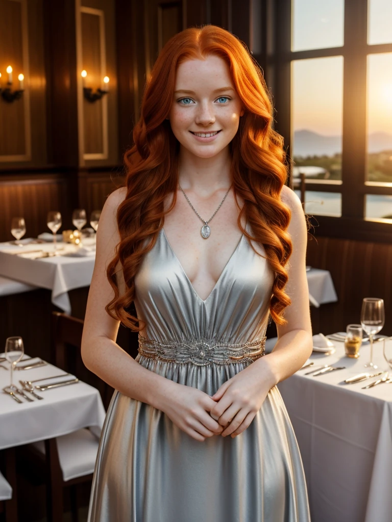 A happy, full body beautiful photo of the most beautiful redhead young woman, natural beauty, no makeup with pale skin, long wavy braided rich ginger hair, blue eyes, hollow cheeks, freckles on face and body, in an elegant black dress, wearing a silver catholic necklace and female silver watch in a fancy restaurant at sunset (Ultra details, High Quality)