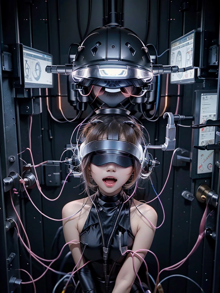 1 girl, whole body, a large metal helmet on the head hiding the hair and hiding the eyes, tubes, wires, she gets electrocuted, brainwashing