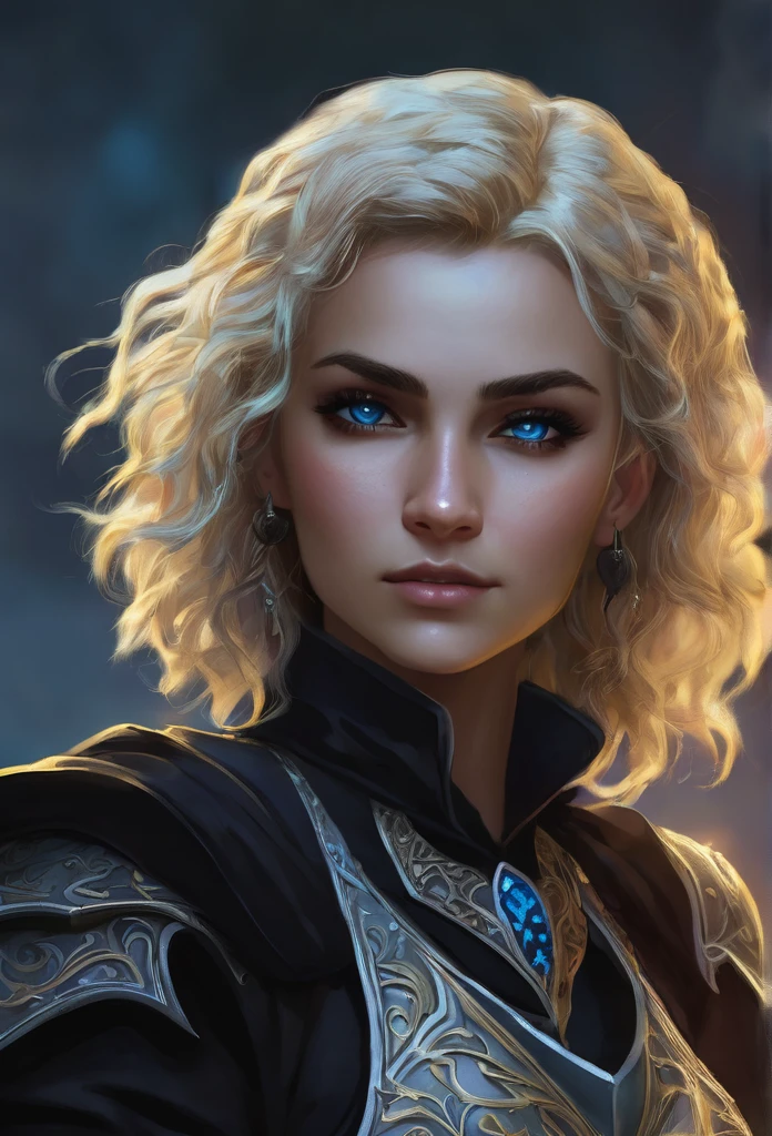 Necromancer Ranger Female, short curly hair blonde with highlights, medieval times, blue-grey eyes ,dark background. black colored clothes