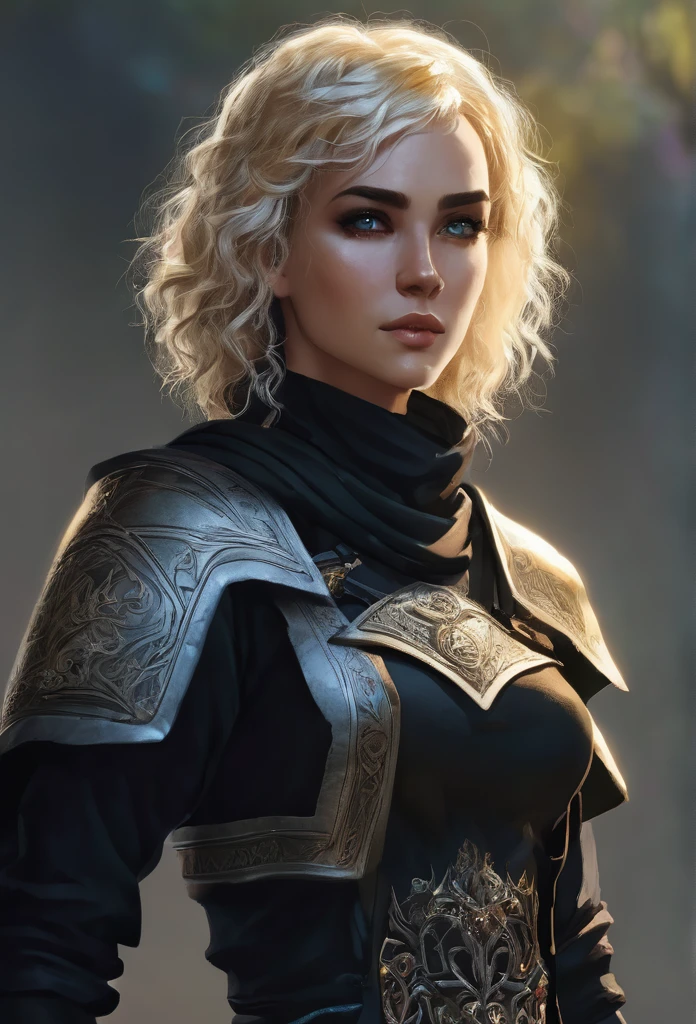Necromancer Ranger Female, short curly hair blonde with highlights, medieval times, blue-grey eyes ,dark background. black colored clothes
