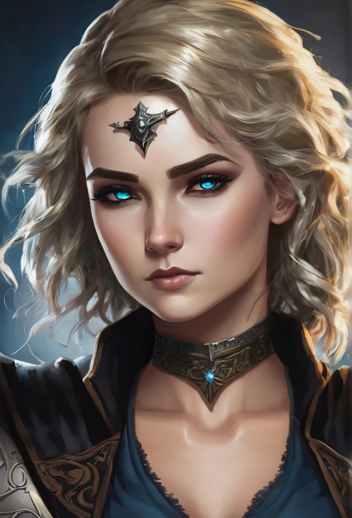 Necromancer Ranger Female, short curly hair blonde with highlights, medieval times, blue-grey eyes ,dark background. black colored clothes 