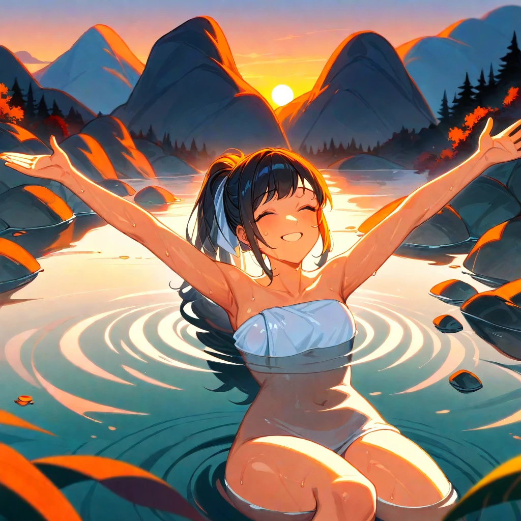 score_9_up, score_8_up, score_7_up, score_6_up, source_anime,1girl、2d, flat、Black Hair、Shortcuts、smile、Close ~ eyes、Sweat、towel、mist、Raise your hands、 (soak in the hot spring water up to her chest), hair up,Sunset, evening、summer、Opaque hot water、rating_safe