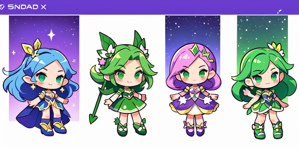 a close up of a cartoon character with different poses, spritesheet, sprite sheet, with familiar sprites, sprites, fairy girl, morgana, default pose neutral expression, twirling, sprite 2 d, shady, green fairy, smol, multiple poses, cute chibi, kawaii, happy, yes
