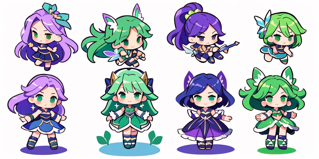 a close up of a cartoon character with different poses, spritesheet, sprite sheet, with familiar sprites, sprites, fairy girl, morgana, default pose neutral expression, twirling, sprite 2 d, shady, green fairy, smol,  multiple poses, cute chibi, kawaii, happy, yes